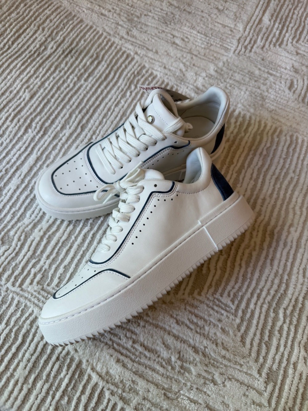 Stuart Weitzman White Leather Sneakers with Navy Trim